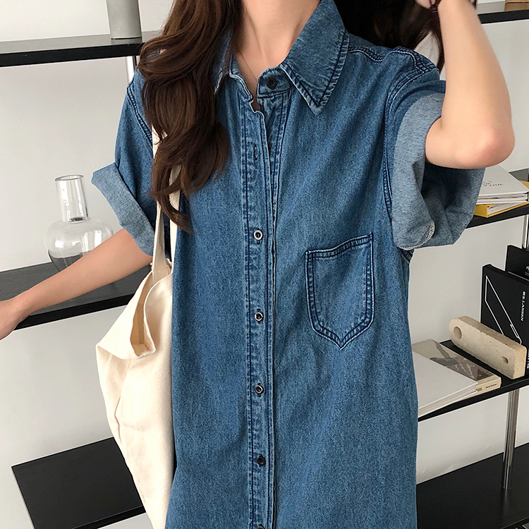 Đầm Sơ Mi Denim Tay Ngắn Cổ Cao Phong Cách Retro 36006 Dành Cho Nữ