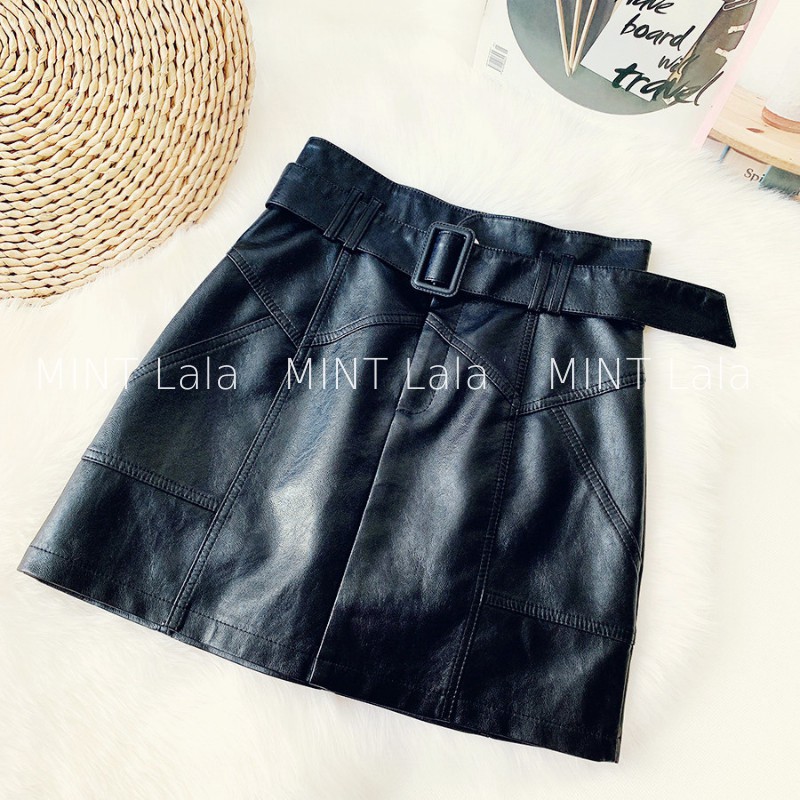 Chân Váy Da Màu Đen 2 Lớp Cao Cấp Kèm Đai