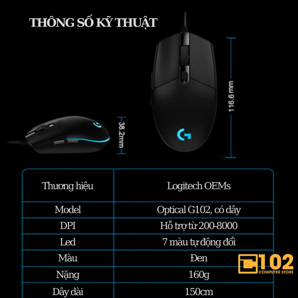 Chuột máy tính Logitech G102 có dây chuyên game thế hệ mới, led RGB đẹp, nhanh và chính xác