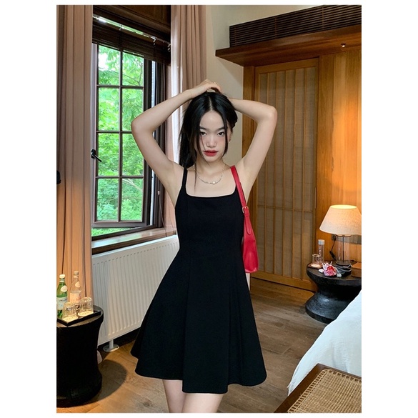 (Có BigSize) Đầm Váy Thun Gân Đen 2 Dây Cổ Vuông Xoè Nhẹ