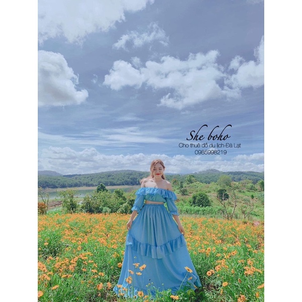 Set xanh biển trễ vai