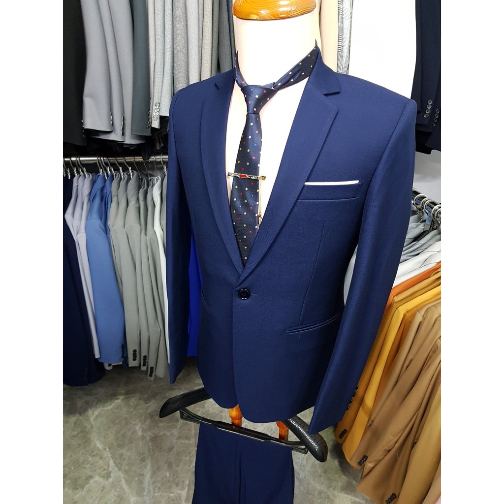 Bộ vest nam ôm body tông xanh đen sáng chất liệu vải nhập cao cấp tặng combo phụ kiện
