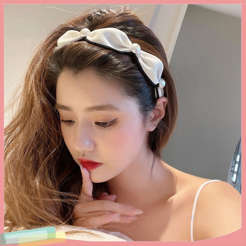 Băng Đô Cài Tóc Bản Rộng Bằng Vải Viền Rộng Đính Ngọc Trai Giả Chống Rơi Phong Cách Hàn Quốc Cho Nữ