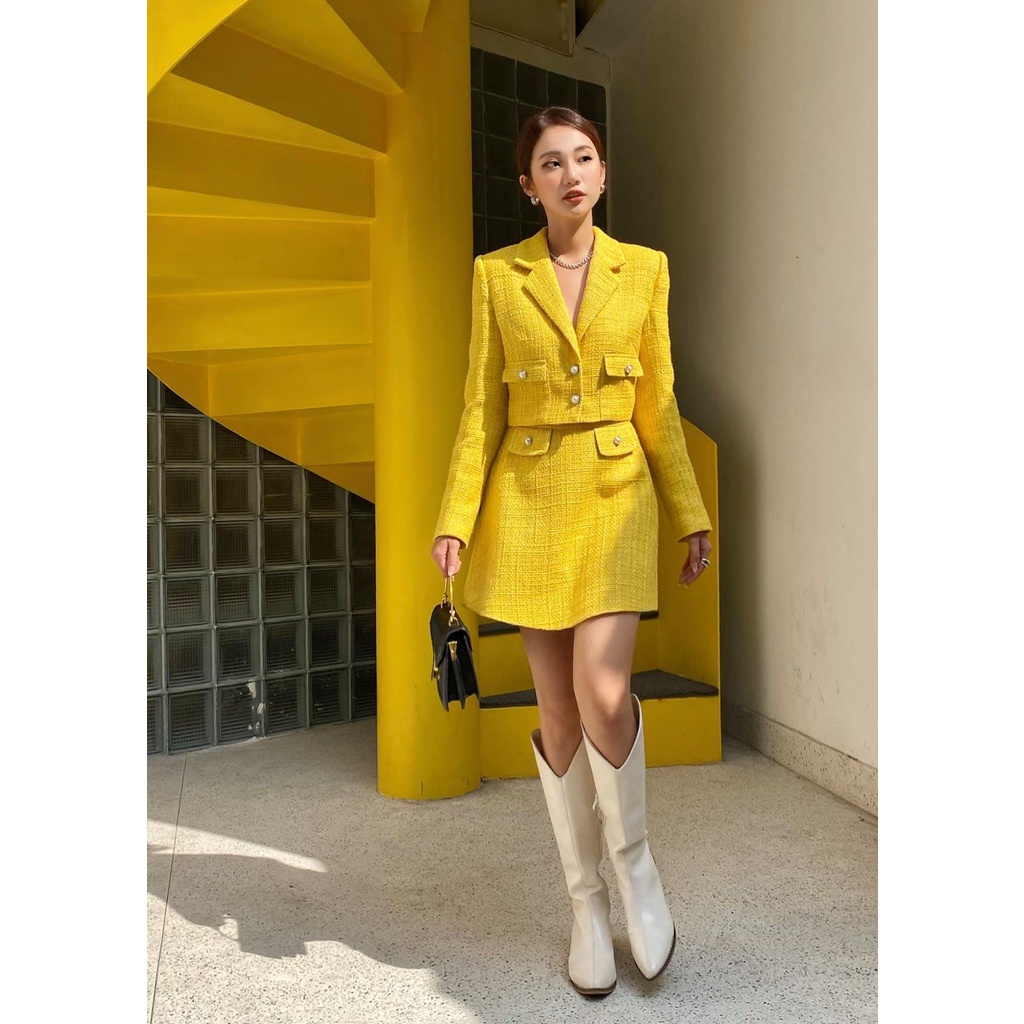 Set vest tweet vàng và chân váy chữ A nữ HUONG BOUTIQUE HBVEST118 | BigBuy360 - bigbuy360.vn
