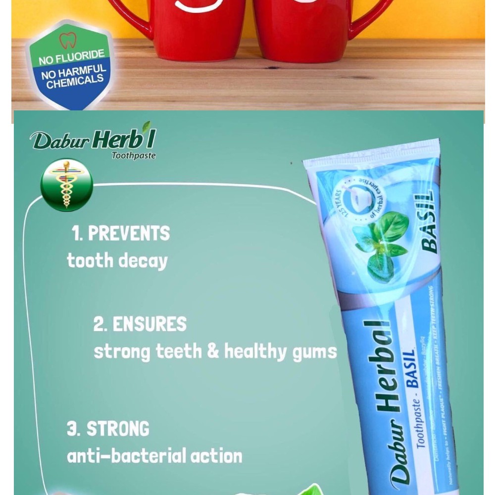 Kem đánh răng Dabur Herbal Toothpaste with Basil lá húng quế - Giúp hơi thở thơm mát, răng chắc khỏe 155g