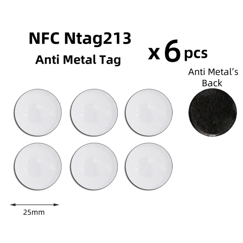 Set 6 Miếng Dán NFC NTAG213 Hình Tròn Bằng Kim Loại Chống Nhãn Dán Thông Dụng 25mm