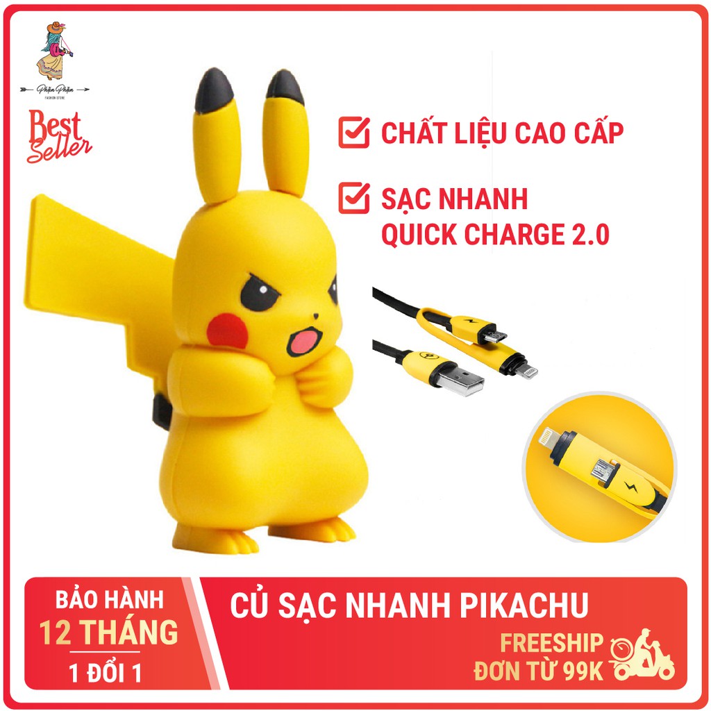 Đầu sạc củ sạc cốc sạc nhanh điện thoại công nghệ Quick Charge 2.0 2.4A hình Pikachu dễ thương đa năng Phặn Phặn