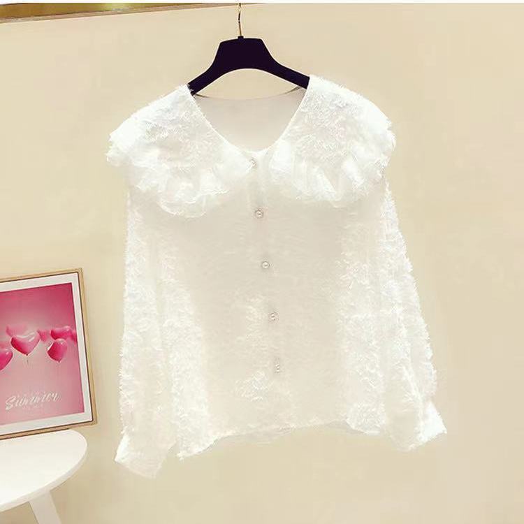 Áo Sơ Mi Chiffon Màu Trơn Viền Ren Phong Cách Hàn Quốc