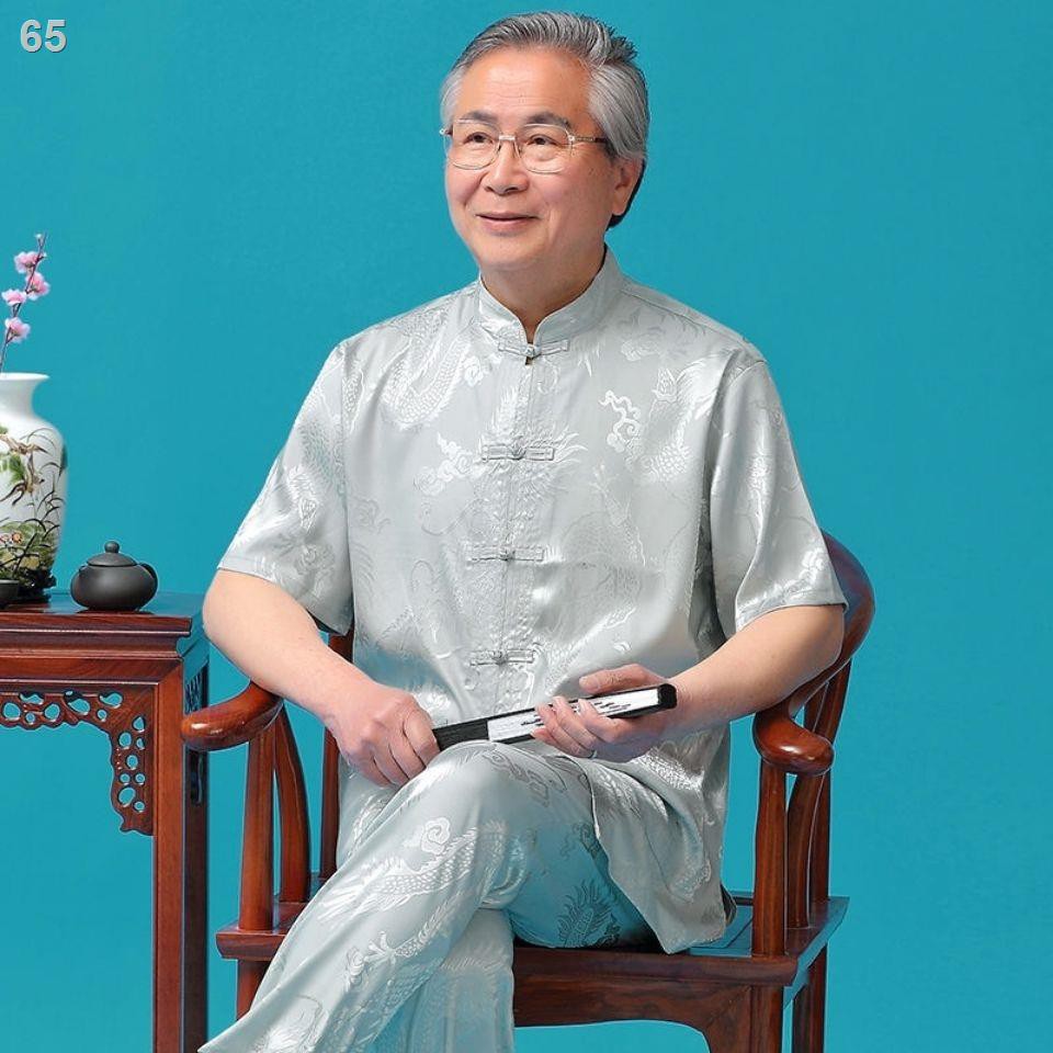 Tang suit Nam trung niên và cao tuổi ngắn tay mùa hè lụa băng Bố mặc bộ đồ kiểu Quốc của giới áo sơ mi mỏng ông nộ