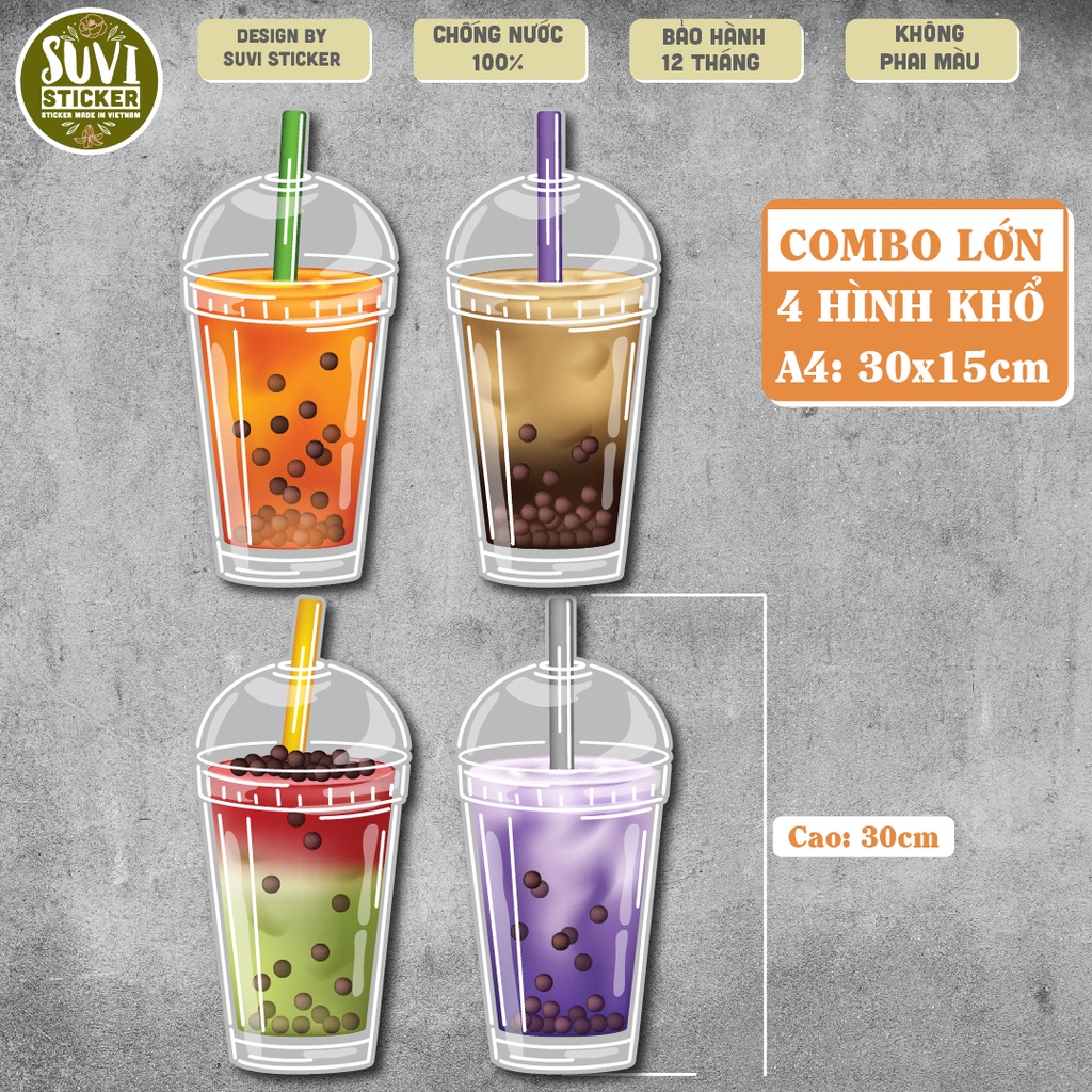 Combo Decal Trà Sữa khổ lớn trang trí tường, dán kính, trang trí quán cà phê khổ A4 chống nước. KL19