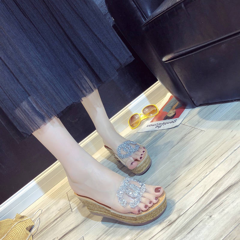 Dép Sandal Đế Xuồng Dày Quai Trong Suốt Đính Đá Thời Trang Sành Điệu