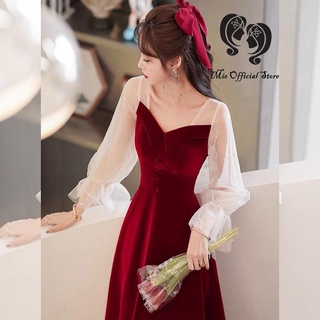Váy nhung đỏ phối tay bồng đính ngọc tiểu thư 40-60kg - Mie Official Store