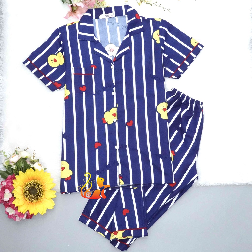 Đồ Bộ Mặc Nhà &quot;Vịt vàng sọc&quot; Pijama Quần Lửng Kate Thái - Dưới 68kg.