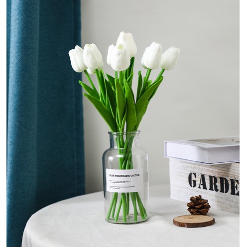 Hoa giả- Hoa tulip giả làm từ cao su lá thẳng decor trang trí cực xinh