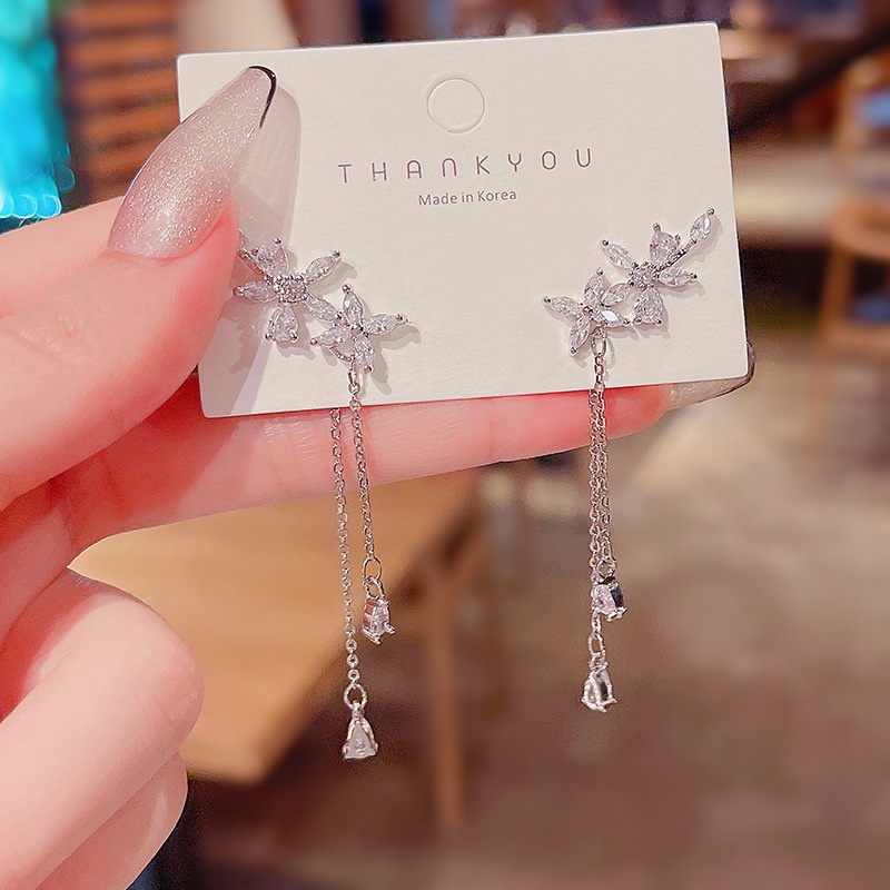 Bông Tai Mạ Bạc 925 Đính Đá Zircon Siêu Sáng Dáng Dài Phong Cách Hàn Quốc