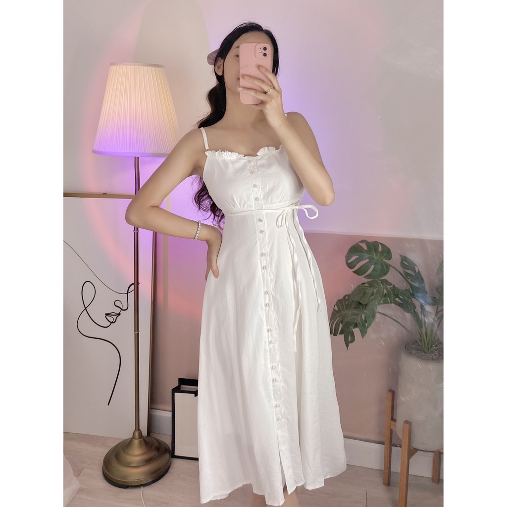 Đầm 2 dây xòe, nút trai, lenin, cột nơ eo, maxi, trắng, hồng, xanh, maxi, bánh bèo, dễ thương, hai dây | BigBuy360 - bigbuy360.vn