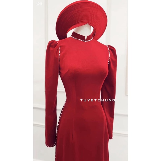 Áo Dài Nhung  Đỏ Viền Ngọc  Cao Cấp