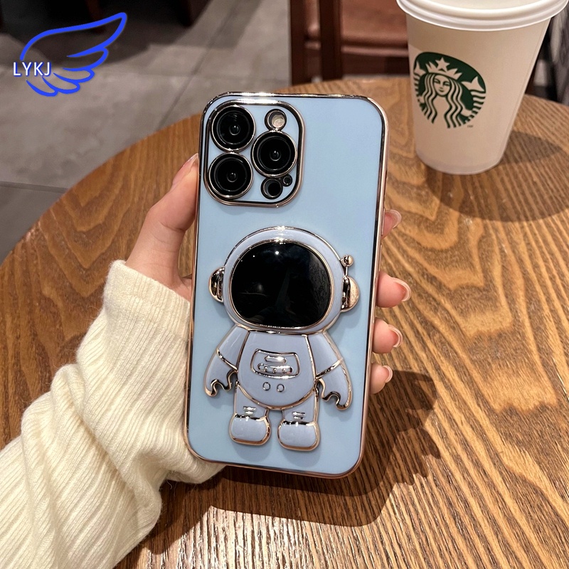 Ốp Điện Thoại Màu Trơn Có Giá Đỡ Mạ Điện Họa Tiết Phi Hành Gia Cho iPhone 13 12promax xs xr xsmax 11promax