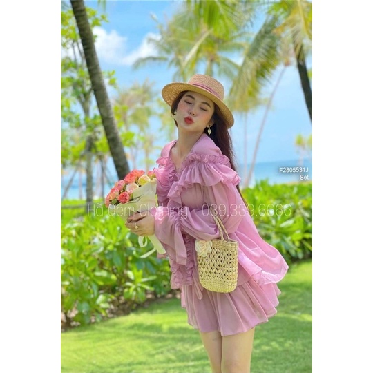 Set voan tơ áo phối bèo kèm quần hồng