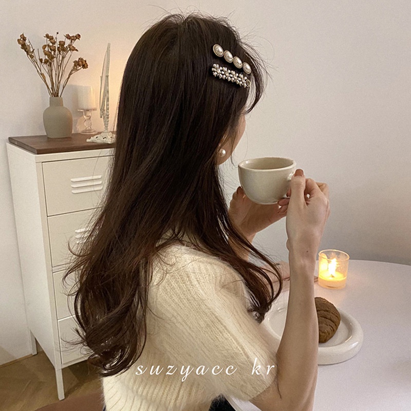 Kẹp tóc chữ nhất đính đá và ngọc trai giả thời trang Hàn Quốc cho nữ