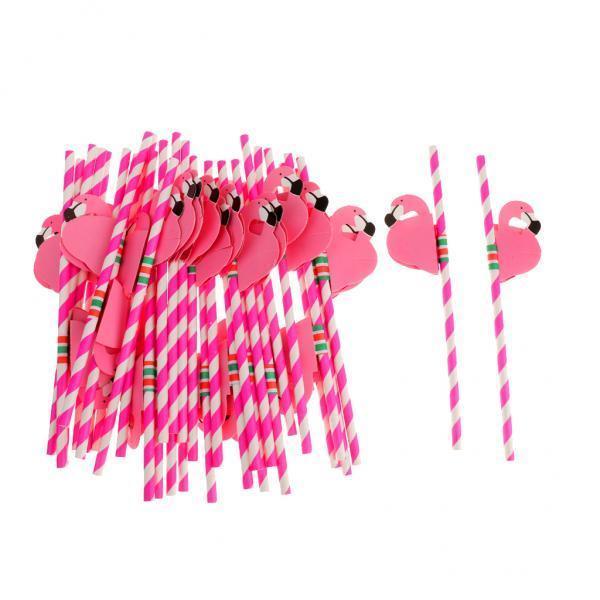 2x25pcs Flamingo Striped Straws Luau Tropical Beach Party Barware Favor Pink