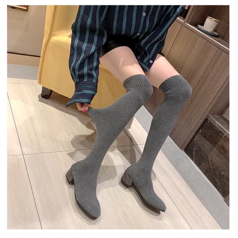 Boots đùi len gót đính đá cao 5cm phong cách Ulzzang