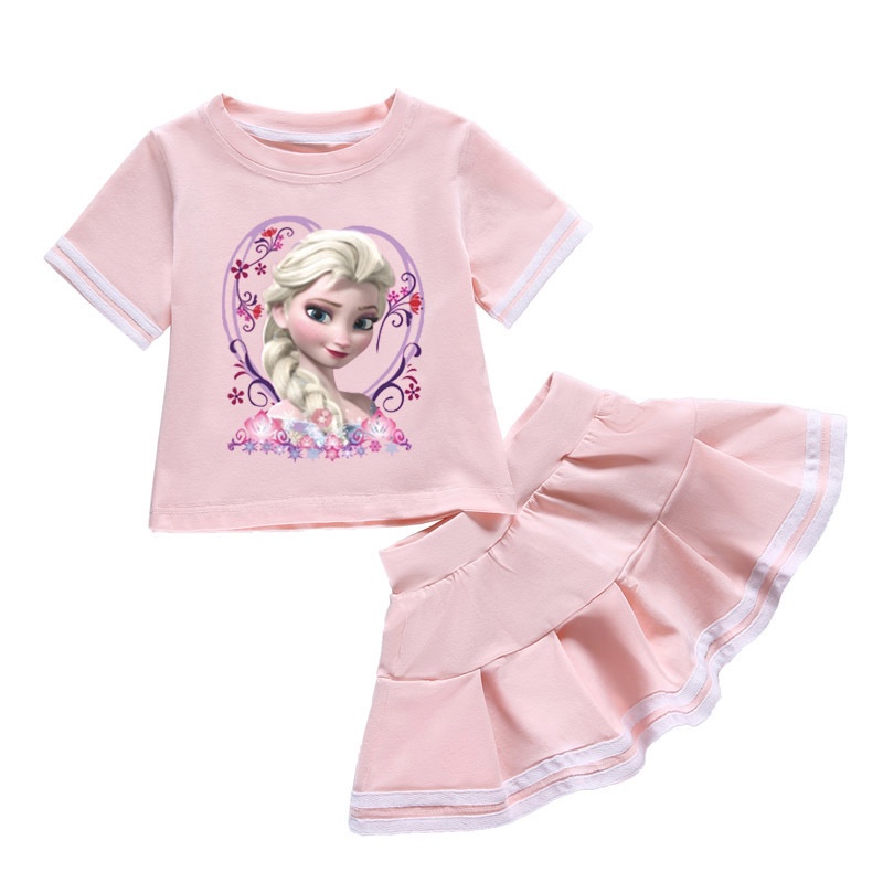 Set 2 Món Áo Thun Tay Ngắn In Hoạt Hình Frozen Và Chân Váy Xếp Ly Kiểu Preppy Cho Bé Gái