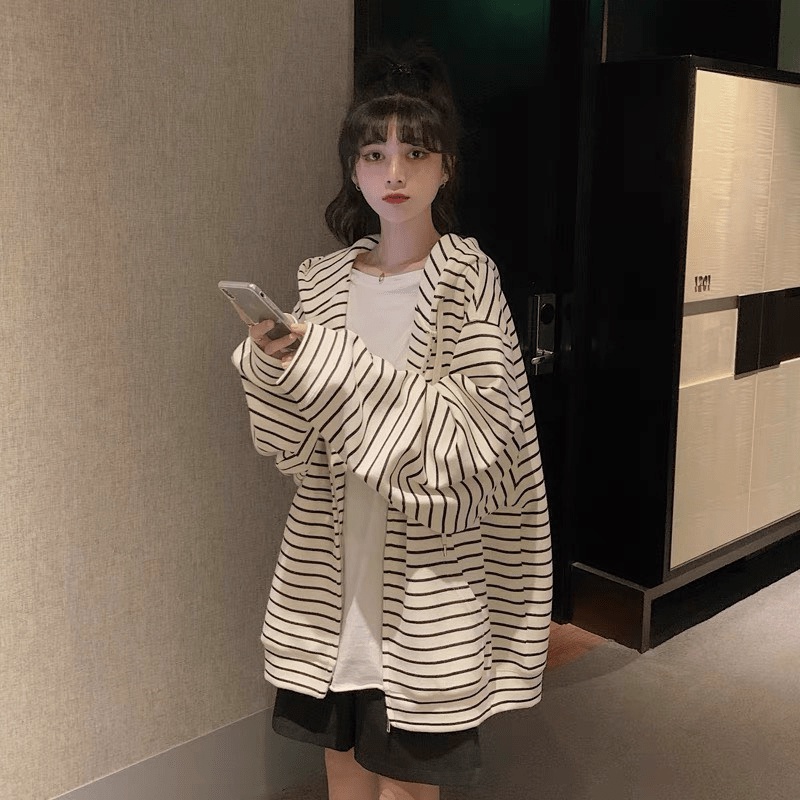 ÁO KHOÁC HOODIE NỮ  VIỀN SỌC CÓ DÂY KÉO THỜI TRANG CHỐNG NẮNG THỜI TRANG XINH LUNG LINH