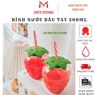 Cốc- Ly- Bình đựng nước hình dâu tây với ống hút và quả dâu tây trang trí- cốc nhựa cao cấp dung tích 500ml