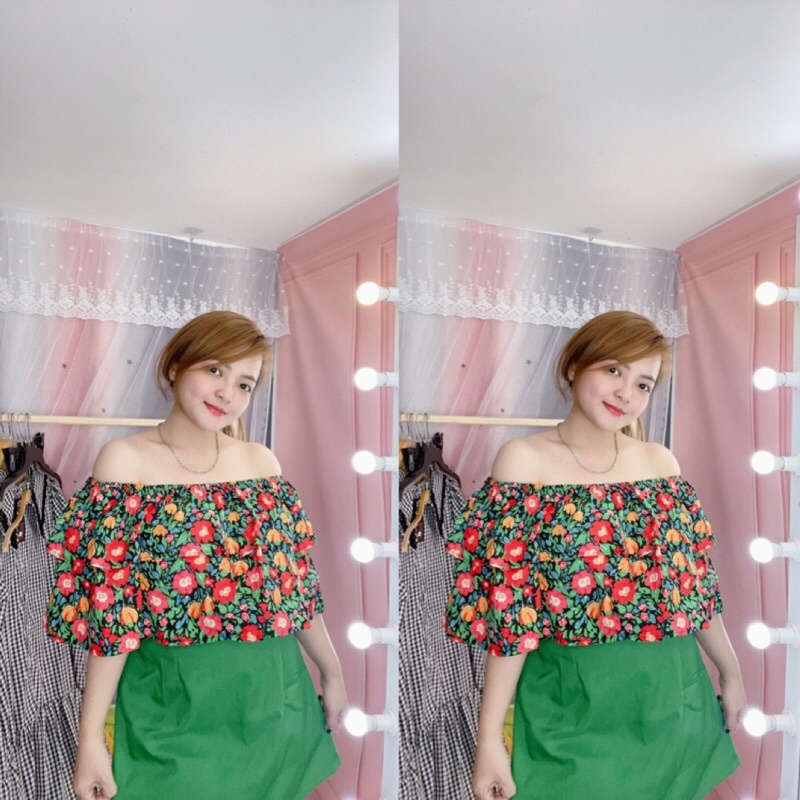 Set bẹt vai hoa kèm chân váy size L/XL/XXL (hình thật)