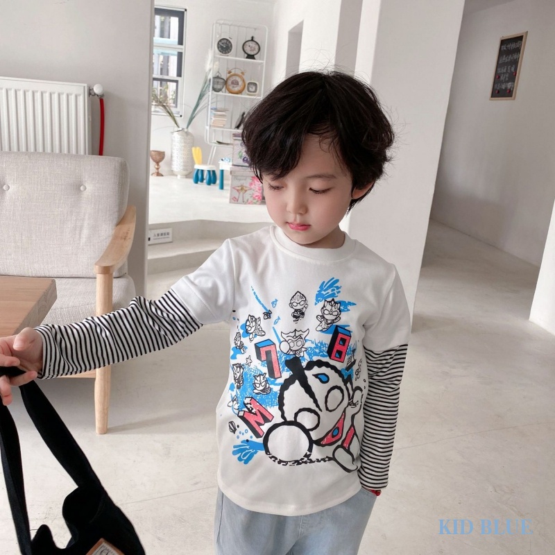 Áo Thun Tay Dài Cổ Tròn Giả Hai Lớp In Họa Tiết Hoạt Hình Thời Trang Thu Đông Cho Bé Trai Và Gái
