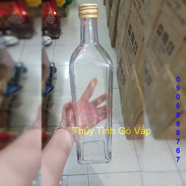 Bộ 2 chai thủy tinh vuông nắp nhôm vàng 1000ml, dùng đựng mật ong, nguyên liệu pha chế