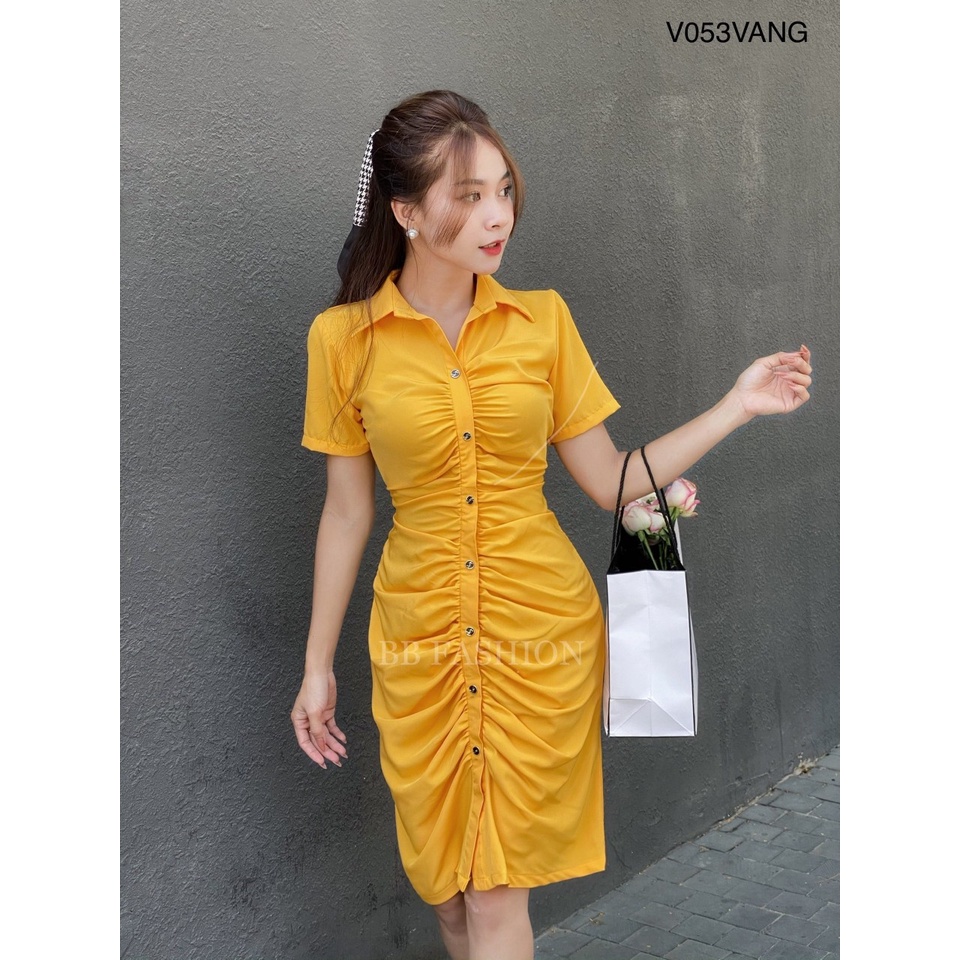 Váy sơ mi nữ cộc tay dáng dài nhún thân trước, Đầm sơmi nữ hàng thiết kế chất lụa 100D cao cấp V053 | BigBuy360 - bigbuy360.vn