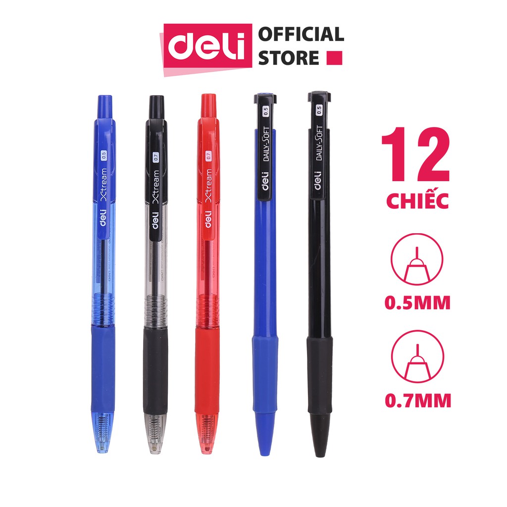 Bút bi bấm ngòi 0.5mm 0.7mm Deli mực xanh đen đỏ nét viết đều đệm tay cao su chất lượng cao phù hợp học sinh văn phòng