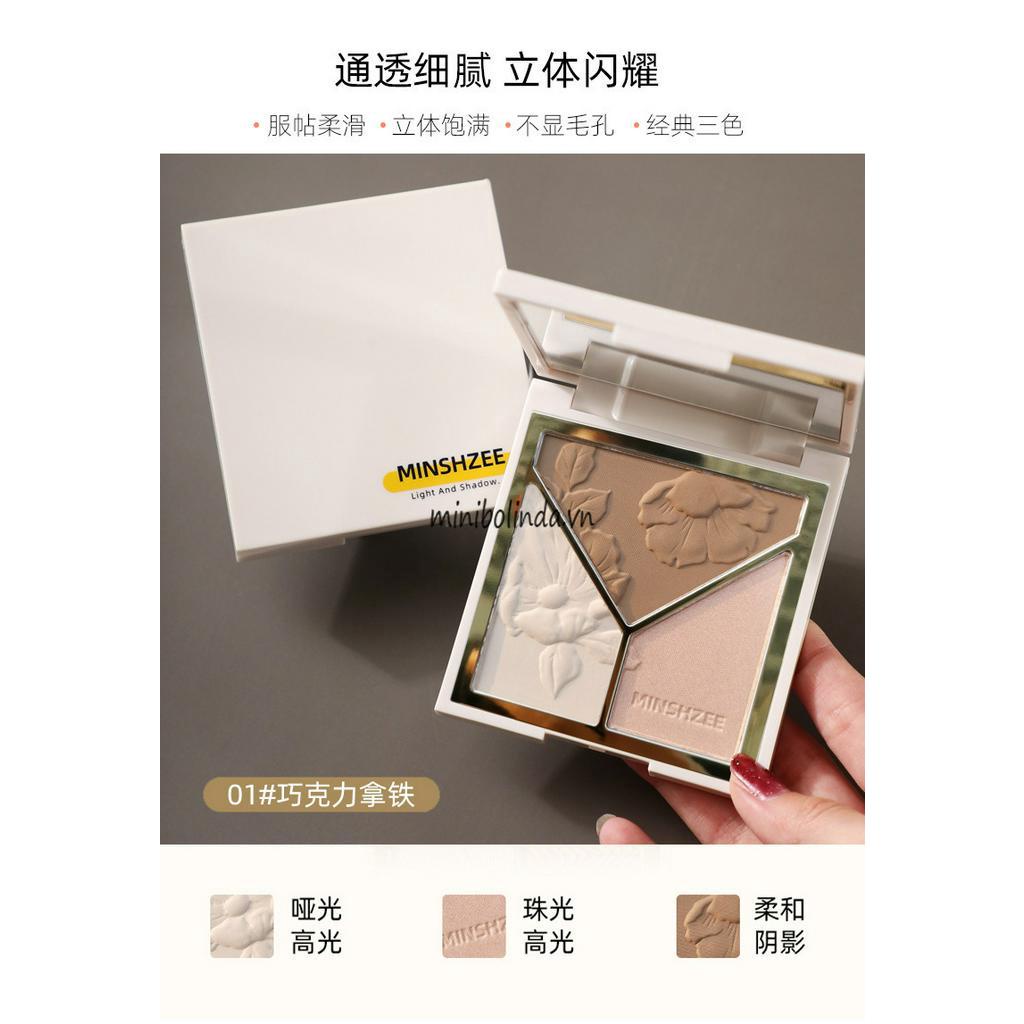 MINSHZEE Phấn highlight + tạo khối + má hồng Phấn Tạo Khối 3 Màu Tricolor Sculpting Powder
