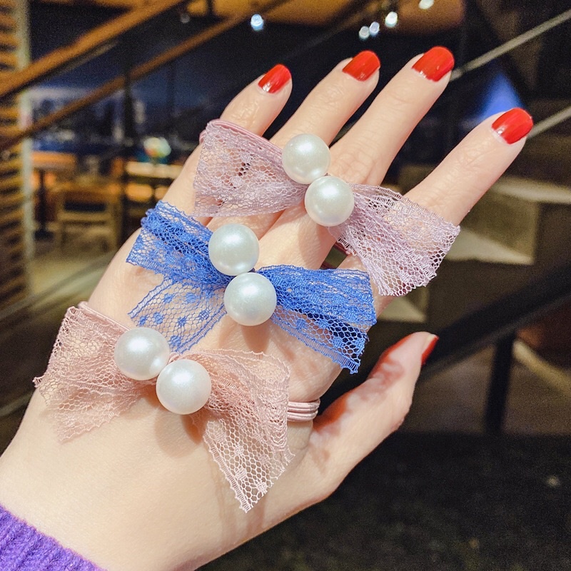 Dây buộc tóc đính nơ ren và hạt châu trắng cute