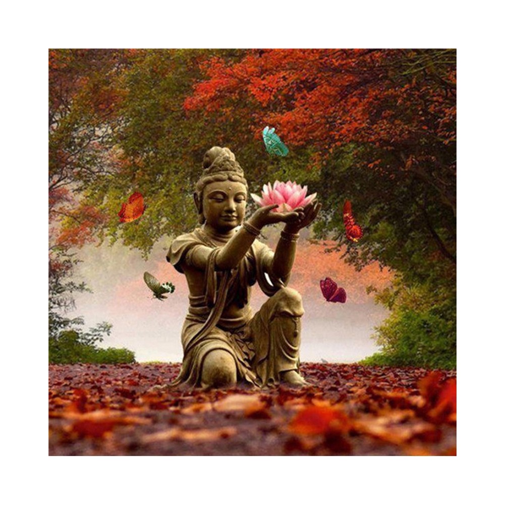 Bộ tranh đính đá 5D tự làm hình Đức Phật và hoa sen trang trí tường nhà nghệ thuật