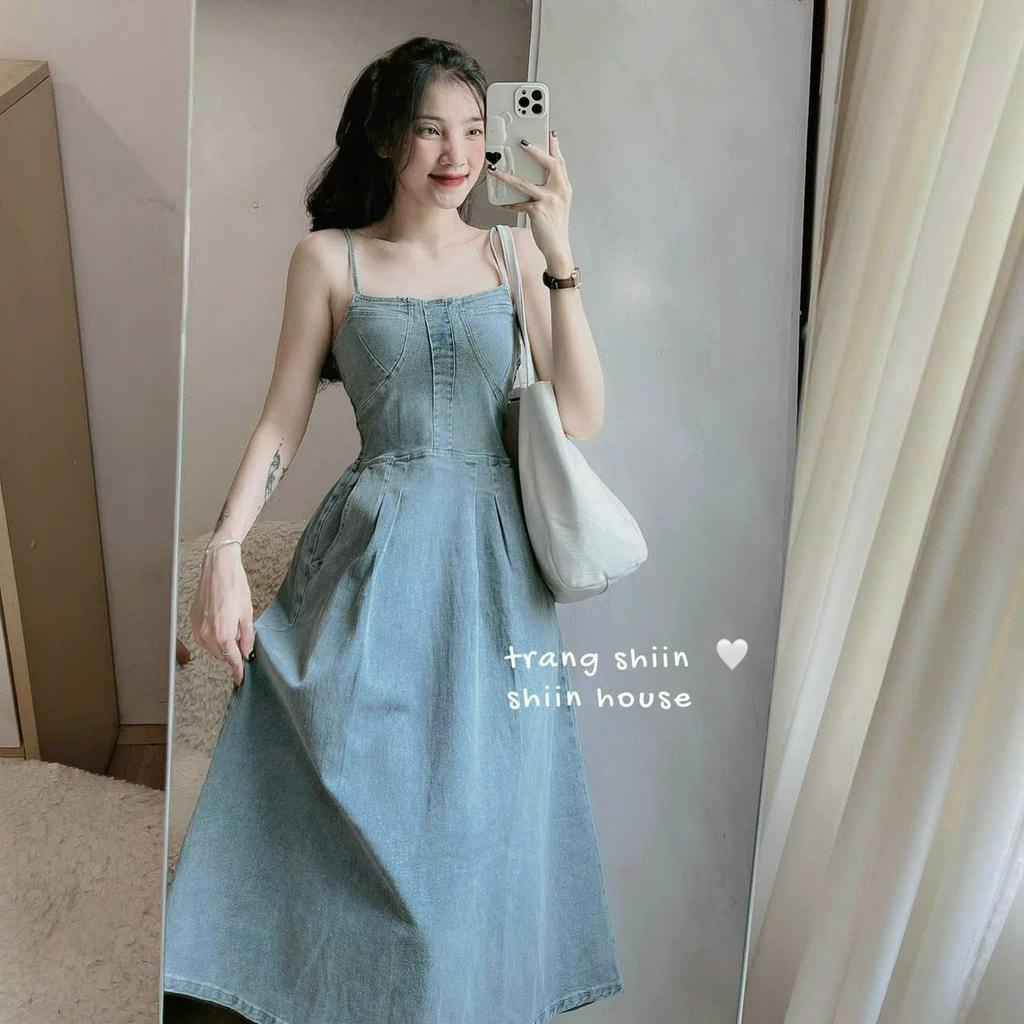Đầm dự tiệc thời trang nữ chất jean cổ dây không tay phối đường chỉ dáng váy dài xoè maxi tôn dáng sang trọng