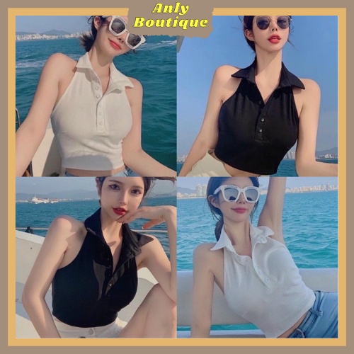 Áo croptop polo ba lỗ, kiểu dáng ôm body cổ trụ phong cách sexy - CT06