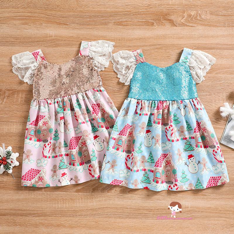 Đầm ngắn tay cổ chữ u hình hoạt hình đính kim sa lấp lánh màu hồng/ xanh dương nhạt cho bé gái 1-6 tuổi