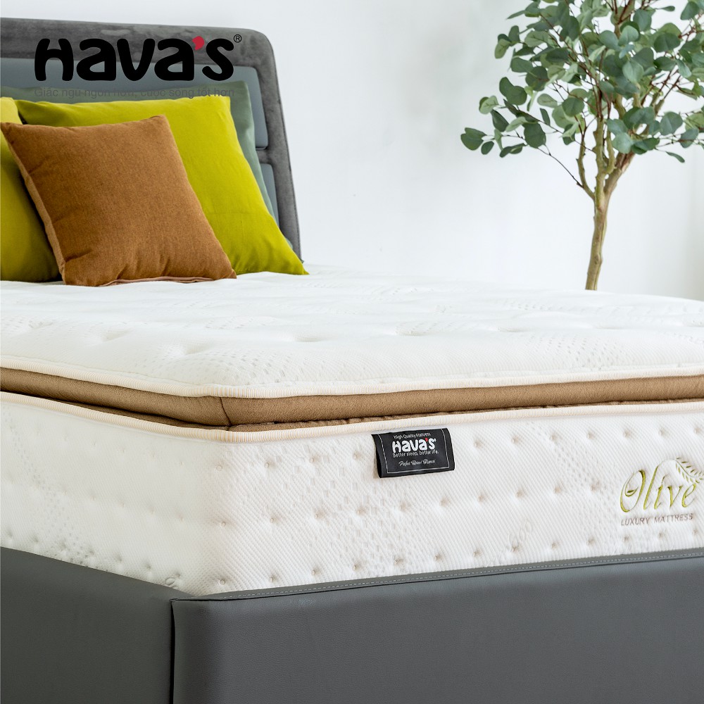 Nệm Havas Olive 1m6 và 1m8 lò xo túi 7 vùng nâng đỡ cơ thể, kháng khuẩn an toàn, bảo hành 10 năm