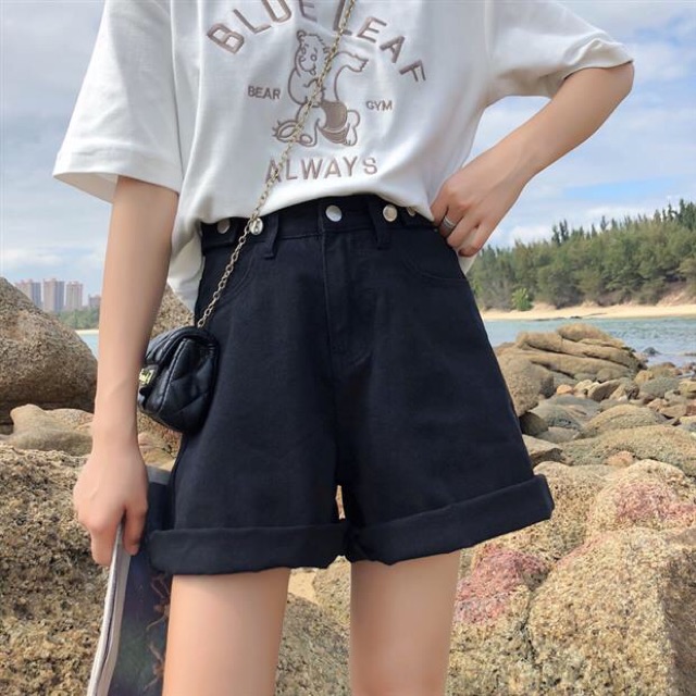 Quần short jean nữ ống rộng lưng cao, quần đùi bò kaki sắn gấu ulzzang C3 | BigBuy360 - bigbuy360.vn