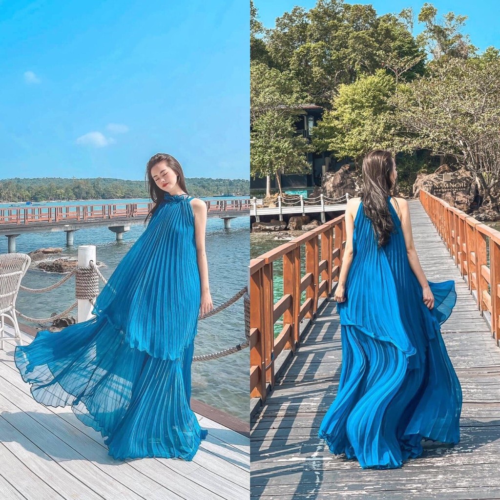 Váy maxi dập li đi biển cổ yếm nữ chất liệu voan tơ cao cấp đi du lịch đi chơi