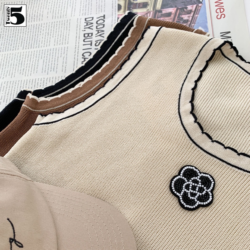 Áo len đanh mỏng sát nách dệt viền màu thêu hoa Twentyfive 4202