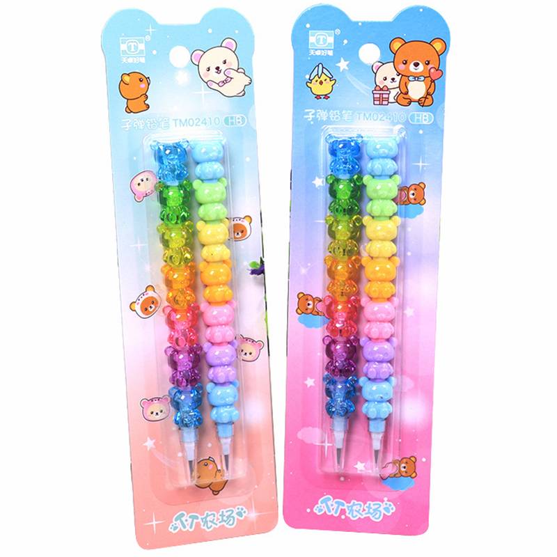 Set 2 Bút Chì Bấm Thay Thế Hình Gấu Màu Cầu Vồng Dễ Thương Cho Bé