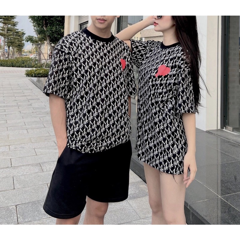 Áo phông tim đỏ Monogram 2  họa tiết in kín BIGOMALL - Áo thun tay lỡ unisex Freesize Form Rộng 65kg