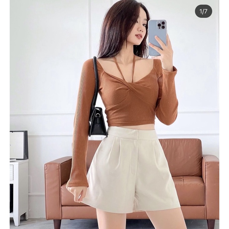 MINI TOP - ÁO CROP GÂN XOẮN CỘT CỔ