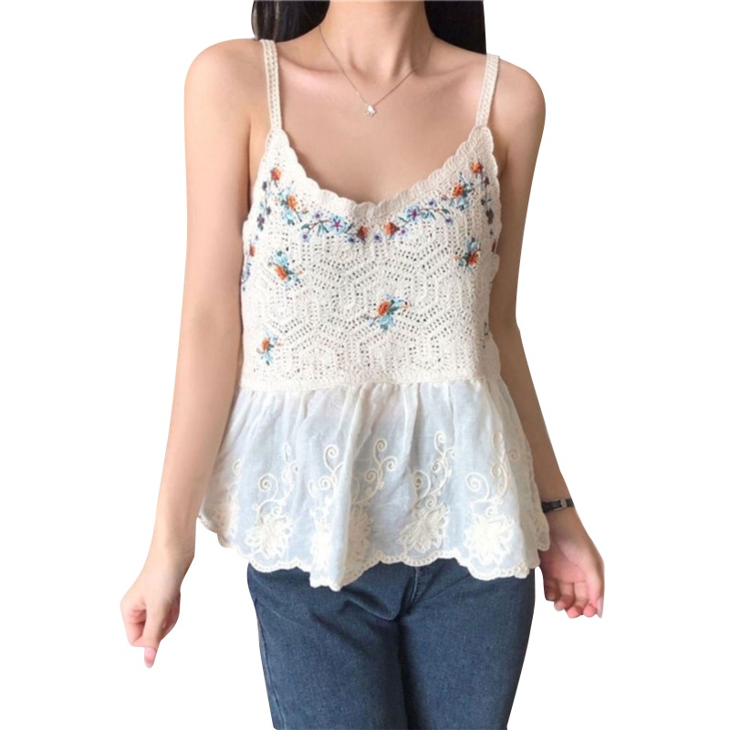 Áo Crop Top Hai Dây Cổ Tròn Thêu Hoa Thời Trang Mùa Hè Cho Nữ