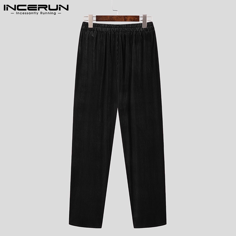 Quần dài INCERUN vải corduroy màu trơn dáng rộng thắt lưng co giãn phối xếp ly phong cách retro cho nam