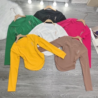 Áo thun ôm body nữ Tay Dài Cổ Tim nhún hông thêu SYL